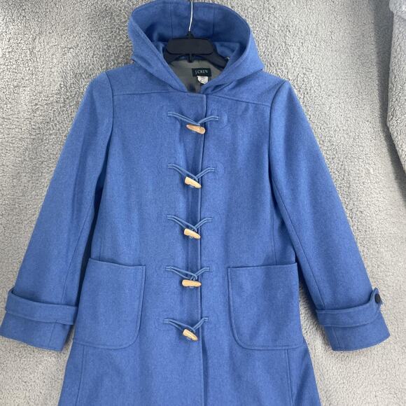 J.Crew Coat Womens Medium Blue Hooded Toggle Duffle Wool Blend Lined Pockets - Picture 5 of 13
